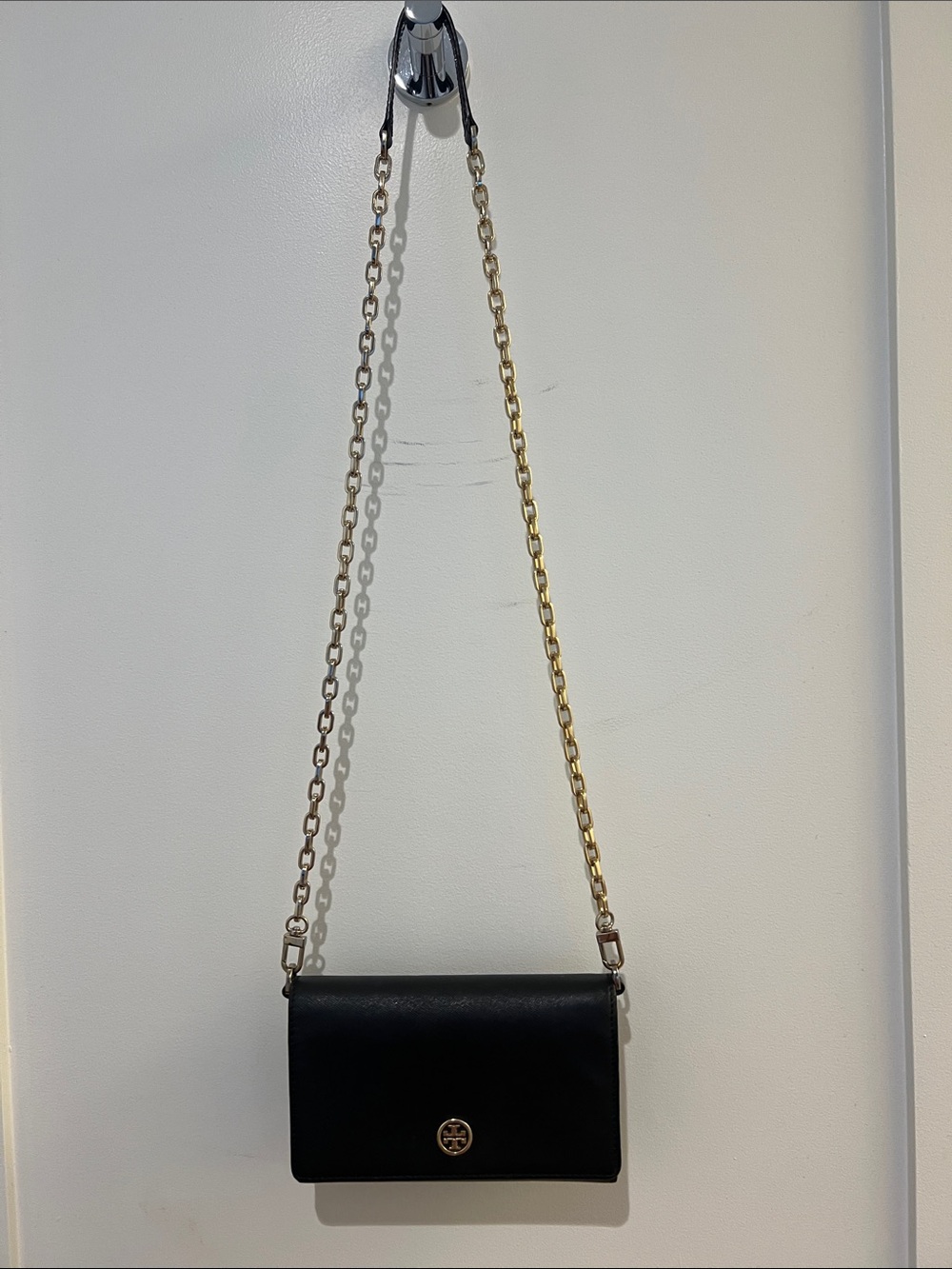 Tory Burch Black Leather Crossbody with Gold Chain